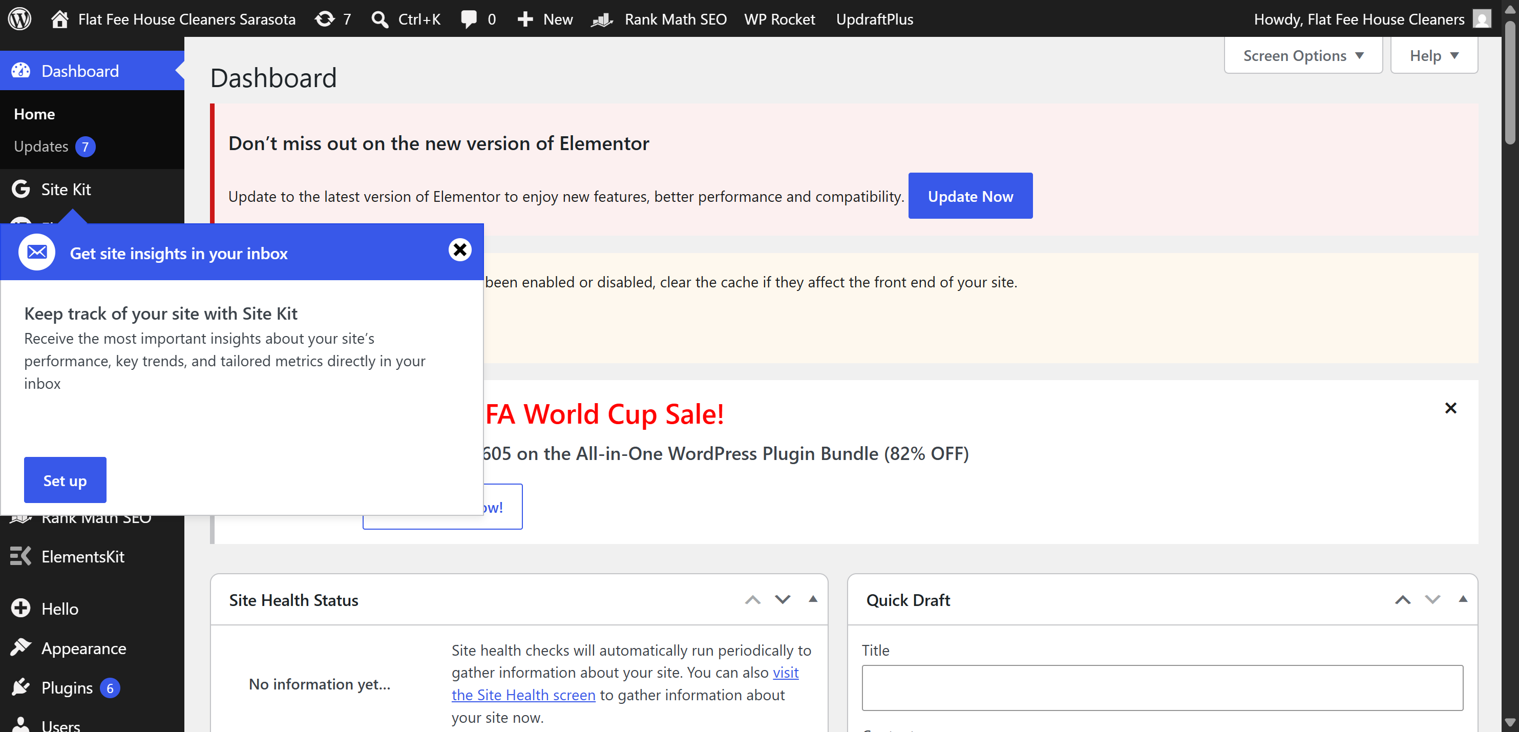 WordPress admin dashboard, logged in as Flat Fee House Cleaners